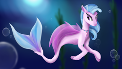 Size: 3840x2160 | Tagged: safe, artist:tenebrisnoctus, silverstream, seapony (g4), g4, blue mane, colored pupils, crepuscular rays, doodle, female, fin wings, fins, fish tail, flowing mane, high res, jewelry, necklace, ocean, purple eyes, solo, sunlight, swimming, tail, underwater, water, wings