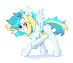 Size: 1544x1346 | Tagged: safe, artist:astralblues, oc, oc only, pegasus, pony, blushing, chest fluff, cute, ear fluff, hoof fluff, leg fluff, looking at you, shy, solo