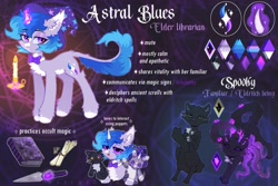 Size: 2991x2000 | Tagged: safe, artist:astralblues, oc, oc:astral blues, cat, original species, pony, unicorn, book, bowtie, candle, chest fluff, coat markings, dagger, ear fluff, facial markings, high res, hoof fluff, leg fluff, magic, magic aura, pale belly, puppet, reference sheet, solo, star (coat marking), tentacles, weapon, white belly