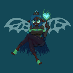 Size: 1024x1024 | Tagged: safe, artist:scribleydoodles, queen chrysalis, human, barefoot, blue background, breasts, clothes, crown, dark skin, dress, eared humanization, evening gloves, eyeshadow, fangs, feet, female, fingerless gloves, gloves, heart, humanized, jewelry, leggings, lipstick, long gloves, magic, makeup, open mouth, regalia, shorts, simple background, skirt, solo, torn clothes, winged humanization, wings