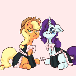 Size: 1024x1024 | Tagged: safe, artist:scribleydoodles, applejack, rarity, earth pony, pony, unicorn, g4, alternate hairstyle, applejack is not amused, applejack's hat, belt, bowtie, clothes, cowboy hat, crying, dress, duo, eye shimmer, female, floppy ears, gloves, hat, maid, mare, pink background, rarity is not amused, simple background, sitting, skirt, socks, teary eyes, unamused