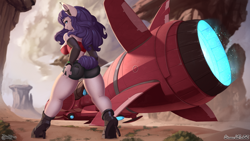 Size: 1920x1080 | Tagged: safe, artist:discordthege, rarity, unicorn, anthro, g4, alternate hairstyle, arm warmers, ass, bandeau, butt, clothes, desert, grin, headset, hoverbike, looking back, rearity, scenery, shorts, smiling, tail bun