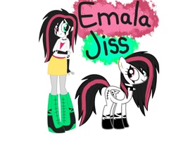 Size: 1280x1024 | Tagged: safe, artist:emalajiss36, oc, oc only, oc:emala jiss, pegasus, pony, equestria girls, g4, boots, choker, clothes, coat markings, crossed arms, duo, ear piercing, earring, eyelashes, female, fingerless gloves, gloves, heterochromia, jewelry, mare, pegasus oc, piercing, self ponidox, shoes, skirt, smiling, socks (coat markings), spiked choker, wings