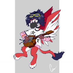 Size: 1280x1280 | Tagged: safe, artist:xasslash, oc, oc only, griffon, black hair, black tail, brimstone, choker, flying, glasses, mask, simple background, solo, television