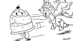 Size: 1200x675 | Tagged: safe, artist:pony-berserker, princess celestia, alicorn, pony, pony-berserker's twitter sketches, g4, cake, cake monster, cakelestia, chase, female, food, hungry, mare, running, running away, salivating, silly face, tongue out