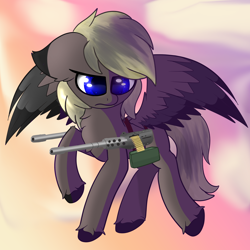 Size: 3000x3000 | Tagged: safe, artist:windykirin, oc, oc only, oc:banban, pegasus, pony, floppy ears, flying, gun, high res, male, solo, stallion, weapon