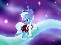 Size: 1024x758 | Tagged: safe, artist:midnightauroraarts, trixie, pony, unicorn, g4, clothes, female, glowing horn, hat, horn, looking back, mare, necktie, one eye closed, raised hoof, solo, stars, suit, trixie's hat