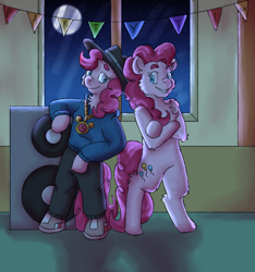 Size: 3000x3200 | Tagged: safe, artist:applejackofalltrades, pinkie pie, earth pony, pony, g4, bipedal, clothes, duality, high res, hoodie, night, rapper pie, self ponidox, shoes, speaker, standing, standing up