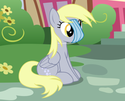 Size: 2510x2025 | Tagged: safe, artist:badumsquish, derpibooru exclusive, derpy hooves, pegasus, pony, g4, bush, close enough, coronavirus, covid-19, derpy being derpy, female, flower, folded wings, high res, house, mare, mask, ponyville, show accurate, sitting, solo, stairs, wings, you're doing it wrong