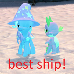 Size: 536x536 | Tagged: safe, artist:rygoespop, edit, spike, trixie, dragon, pony, g4, 3d, best ship, caption, cropped, female, male, mare, one eye closed, ship:spixie, shipping, source filmmaker, straight, text