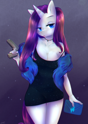 Size: 2480x3508 | Tagged: safe, artist:klaudy, rarity, anthro, g4, black dress, breasts, choker, chromatic aberration, cleavage, clothes, commission, cute, dress, feather boa, gun, handgun, high res, pistol, purse, seductive, seductive look, sexy, solo, weapon, ych result