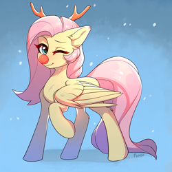 Size: 2048x2048 | Tagged: source needed, safe, artist:fensu-san, fluttershy, pegasus, pony, antlers, blushing, christmas, colored pupils, cute, daaaaaaaaaaaw, ear fluff, female, high res, holiday, looking at you, mare, one eye closed, raised hoof, red nose, reindeer antlers, shyabetes, smiling, snow, solo, spread wings, wings, wink