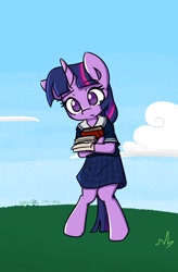 Size: 730x1114 | Tagged: safe, artist:spheedc, twilight sparkle, unicorn, semi-anthro, g4, arm hooves, bipedal, book, clothes, cloud, digital art, female, grass, mare, paper, sky, solo