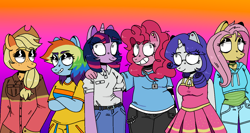 Size: 1500x800 | Tagged: safe, artist:maximumgraves, applejack, fluttershy, pinkie pie, rainbow dash, rarity, twilight sparkle, earth pony, unicorn, anthro, g4, choker, clothes, dress, ear piercing, eyeshadow, fat, glasses, hoodie, jeans, lidded eyes, lock, makeup, mane six, pants, piercing, shirt, skirt, smiling