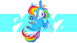 Size: 3125x1758 | Tagged: safe, artist:batshaped, rainbow dash, pony, g4, backwards cutie mark, cute, dashabetes, flying, smiling, solo, spread wings, underhoof, wings