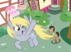 Size: 5579x4067 | Tagged: safe, artist:mr100dragon100, derpy hooves, doctor whooves, time turner, earth pony, pegasus, pony, g4, female, flying, houses, male, ponyville, street, tree