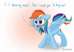 Size: 1196x832 | Tagged: safe, artist:adequality, artist:mcsadat, artist:moodi, edit, editor:anonymous, editor:moodi, rainbow dash, pegasus, pony, bronybait, cute, daaaaaaaaaaaw, dashabetes, demands, dialogue, female, floppy ears, frown, gradient background, hug, hug request, mare, needy, open mouth, solo, sound, sound only, spread wings, sweet dreams fuel, this will end in hugs, voice acting, weapons-grade cute, webm, wide eyes, wings