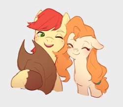 Size: 973x847 | Tagged: safe, artist:luciferamon, bright mac, pear butter, earth pony, pony, g4, blushing, clothes, cowboy hat, cute, daaaaaaaaaaaw, eyes closed, female, freckles, hat, male, mare, one eye closed, pearabetes, scarf, ship:brightbutter, shipping, simple background, stallion, stetson, straight