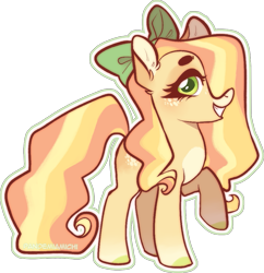 Size: 999x1031 | Tagged: safe, artist:pandemiamichi, oc, oc only, earth pony, pony, bow, female, hair bow, magical lesbian spawn, mare, offspring, parent:applejack, parent:fluttershy, parents:appleshy, raised hoof, simple background, solo, transparent background