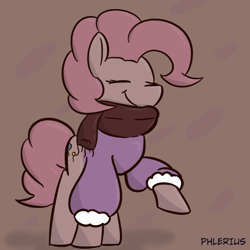 Size: 2000x2000 | Tagged: safe, artist:phlerius, pinkie pie, earth pony, pony, g4, clothes, cute, diapinkes, digital art, eyes closed, female, high res, mare, scarf, solo, sweater