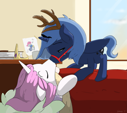 Size: 1211x1080 | Tagged: safe, artist:soccy, princess celestia, princess luna, alicorn, pony, g4, animal costume, blanket, book, costume, cute, doodle, drawing, duo, female, filly, incest, kiss on the lips, kissing, lesbian, morning, morning ponies, pink-mane celestia, reindeer costume, ship:princest, shipping, sleeping, window, woona, younger
