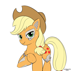 Size: 2903x2920 | Tagged: safe, artist:canterlotex, applejack, cyborg, earth pony, pony, g4, amputee, applejack's hat, commission, cowboy hat, female, freckles, hat, high res, mare, prosthetic leg, prosthetic limb, prosthetics, raised hoof, simple background, solo, white background, ych result