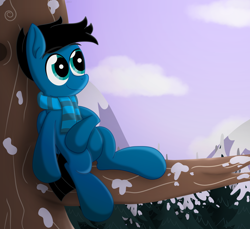 Size: 7200x6600 | Tagged: safe, artist:agkandphotomaker2000, oc, oc:pony video maker, pegasus, pony, clothes, forest, hoof on belly, laying on a tree branch, mountain, relaxing, scarf, snow, tree, tree branch