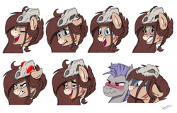Size: 1280x818 | Tagged: safe, artist:rutkotka, oc, oc only, oc:ondrea, oc:thunder run, pony, angry, blushing, bust, crying, drunk, embarrassed, excited, expressions, eyes closed, grin, happy, nervous, nervous smile, open mouth, sad, skull, smiling, thundrea