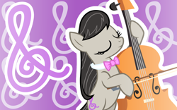 Size: 1600x1000 | Tagged: safe, artist:amgiwolf, octavia melody, earth pony, pony, bipedal, bow (instrument), bowtie, cello, eyelashes, eyes closed, female, mare, musical instrument, solo, treble clef