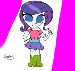 Size: 1048x992 | Tagged: safe, artist:iivividz, rarity, equestria girls, g4, abstract background, boots, breasts, busty rarity, clothes, cute, female, raribetes, shoes, signature, skirt, smiling, solo, waving