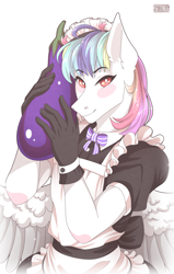 Size: 2227x3500 | Tagged: safe, artist:sparklyon3, oc, oc only, pegasus, anthro, clothes, eggplant, food, high res, maid, outfit, solo
