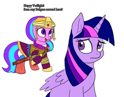 Size: 900x706 | Tagged: safe, artist:slamjam, starlight glimmer, twilight sparkle, alicorn, pony, unicorn, g4, armor, basil ii, byzantine empire, duo, historical roleplay starlight, sword, weapon