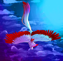 Size: 1238x1200 | Tagged: safe, artist:darkimae, oc, oc:deepest apologies, closed mouth, cloud, colored wings, flying, full body, large wings, long tail, multicolored tail, multicolored wings, overhead view, sky, spread wings, starry night, stars, tail, two toned hair, upside down, wings