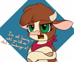 Size: 3200x2710 | Tagged: safe, artist:mrneo, arizona (tfh), cow, them's fightin' herds, abstract background, arizona is not amused, bandana, clothes, cloven hooves, community related, crossed arms, dialogue, female, high res, horns, looking at you, neckerchief, solo, talking to viewer, this will end in pain, this will not end well, unamused