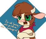 Size: 3200x2710 | Tagged: safe, artist:mrneo, arizona (tfh), cow, them's fightin' herds, abstract background, arizona is not amused, bandana, clothes, cloven hooves, community related, crossed arms, dialogue, female, horns, looking at you, neckerchief, solo, talking to viewer, this will end in pain, this will not end well, unamused