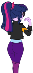 Size: 950x2110 | Tagged: safe, artist:gmaplay, sci-twi, twilight sparkle, human, equestria girls, g4, ass, butt, clothes, female, implied lesbian, implied scitwishimmer, implied shipping, jacket, leather jacket, rear, rear view, sci-twibutt, simple background, solo, the ass was fat, transparent background, twibutt, vector