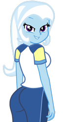 Size: 646x1130 | Tagged: safe, artist:gmaplay, trixie, human, equestria girls, g4, ass, breasts, butt, clothes swap, female, looking at you, rear view, simple background, solo, the great and powerful ass, transparent background, vector