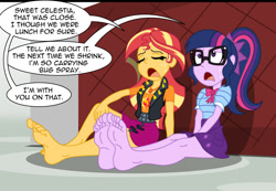Size: 904x625 | Tagged: safe, artist:niban-destikim, sci-twi, sunset shimmer, twilight sparkle, alicorn, comic:the shrinking project, equestria girls, g4, barefoot, barefooting, big feet, cropped, duo, feet, fetish, foot fetish, foot focus, geode of empathy, glasses, magical geodes, shrunken, soles, toes, together