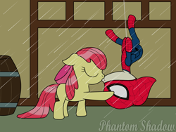 Size: 1024x768 | Tagged: safe, artist:phantomshadow051, apple bloom, featherweight, earth pony, pegasus, pony, g4, barrel, blank flank, colt, female, filly, kissing, male, rain, reference, ship:featherbloom, shipping, spider-man, straight, upside down kiss, watermark