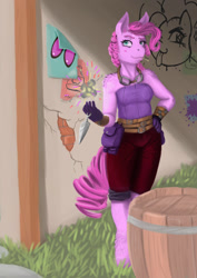 Size: 905x1280 | Tagged: safe, artist:blandy, pinkie pie, earth pony, anthro, unguligrade anthro, g4, clothes, dagger, fantasy class, female, gloves, goggles, graffiti, pants, poster, pouch, rogue, smiling, smoke bomb, solo, weapon