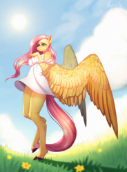 Size: 944x1280 | Tagged: safe, artist:millymay, fluttershy, pegasus, anthro, unguligrade anthro, g4, clothes, cloud, dress, female, flower, signature, sky, solo, spread wings, sun, wings