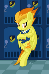 Size: 1496x2258 | Tagged: safe, artist:notadeliciouspotato, spitfire, pegasus, pony, g4, bipedal, bipedal leaning, clothes, crossed arms, feathered wings, female, leaning, lidded eyes, locker room, looking at you, mare, smiling, solo, uniform, wings, wonderbolts dress uniform