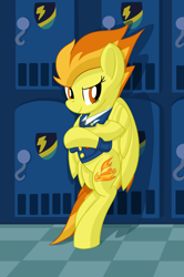 Size: 1496x2258 | Tagged: safe, artist:notadeliciouspotato, spitfire, pegasus, pony, g4, bipedal, bipedal leaning, checkered floor, clothes, crossed arms, feathered wings, female, leaning, lidded eyes, locker room, looking at you, mare, smiling, solo, uniform, wings, wonderbolts dress uniform