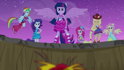 Size: 1920x1080 | Tagged: safe, screencap, applejack, fluttershy, pinkie pie, rainbow dash, rarity, sunset shimmer, twilight sparkle, equestria girls, g4, my little pony equestria girls, angry, bare shoulders, boots, clothes, cutie mark, cutie mark on clothes, fall formal outfits, humane five, humane six, low angle, offscreen character, ponied up, shoes, sleeveless, spanish description, strapless, surprised, twilight sparkle (alicorn), wings, worried