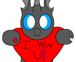 Size: 1200x980 | Tagged: safe, artist:theunidentifiedchangeling, oc, oc only, oc:[unidentified], changeling, :3, blue eyes, cute, cuteling, digital art, exclamation point, heart, holding, i love you, male, owo, simple background, solo, transparent background