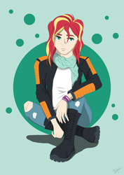 Size: 3508x4961 | Tagged: safe, artist:shyinka, sunset shimmer, human, equestria girls, g4, alternate design, boots, clothes, combat boots, human coloration, jacket, jeans, leather jacket, pants, ripped jeans, ripped pants, scarf, shoes, sitting, solo, torn clothes