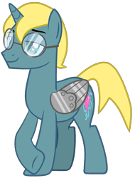 Size: 1243x1639 | Tagged: safe, artist:muhammad yunus, pony, unicorn, artificial wings, augmented, base used, bedroom eyes, code lyoko, crossover, cutie mark, heart, jeremy belpois, male, ponified, prosthetic limb, prosthetic wing, prosthetics, smiling, solo, stallion, wings, yellow hair