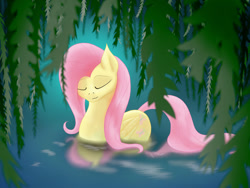 Size: 1024x768 | Tagged: safe, artist:tunrae, fluttershy, pegasus, pony, g4, behaving like a bird, behaving like a duck, cute, cutie mark, eyes closed, female, flutterduck, foliage, leaves, reflection, shyabetes, solo, swimming