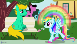 Size: 11200x6400 | Tagged: safe, artist:parclytaxel, artist:starponys87, oc, oc only, oc:david starlyre, oc:flying colors, oc:rainbowfire, earth pony, pegasus, pony, .svg available, absurd resolution, asperger's syndrome, autism, autistic, bench, blue, blushing, cool, cyan, different mane and tail, eye contact, female, green, looking at each other, love, love at first sight, male, mare, monthly reward, park, parody, rainbow, romance, sea green, sitting, smiling, spread wings, stallion, story included, tree, unshorn fetlocks, vector, village, wings