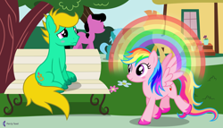 Size: 11200x6400 | Tagged: safe, alternate version, artist:parclytaxel, artist:starponys87, oc, oc only, oc:david starlyre, oc:flying colors, oc:rainbowfire, earth pony, pegasus, pony, .svg available, absurd resolution, asperger's syndrome, autism, autistic, bench, blushing, cool, different mane and tail, eye contact, female, green, looking at each other, love, love at first sight, male, mare, monthly reward, park, parody, pink, rainbow, romance, sea green, sitting, smiling, spread wings, stallion, tree, unshorn fetlocks, vector, village, wings